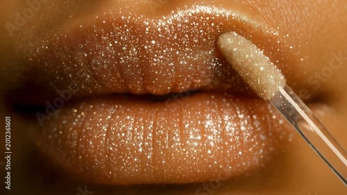 a close-up of the lips is shown, on which lip gloss is applied using an applicator. The lips have a golden, shimmering hue.