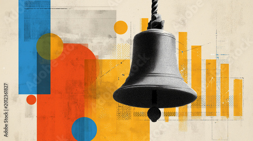 Abstract mixed media collage featuring a large financial bell hanging against a background of colorful geometric shapes, data charts, and bar graphs symbolizing stock market trading signals