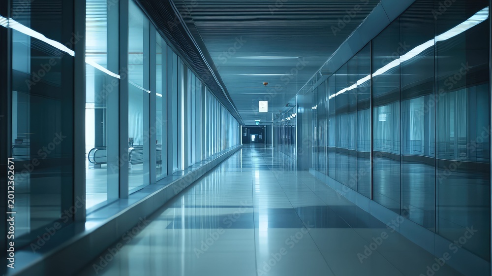 Fototapeta premium Empty modern architectural corridor with blue glowing light