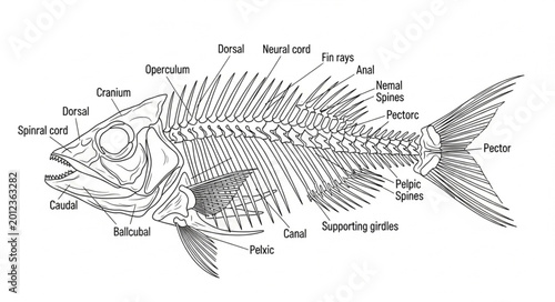 Detailed anatomical illustration of a fish skeleton with labels.