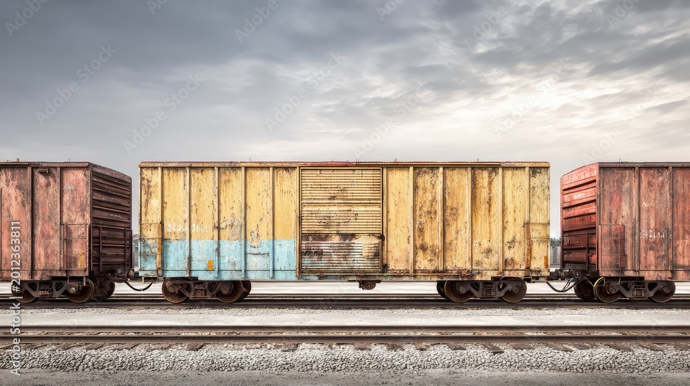 Obraz premium Rusty freight train cars on railway track
