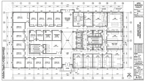Photos Architectural floor plan blueprint for a large building.