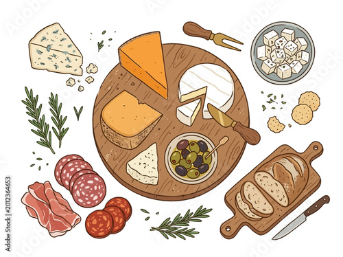 фотографія Hand drawn vector illustration of a gourmet charcuterie board featuring assorted cheeses, deli meats, olives, crackers, and crusty bread on white background for menu or catering design