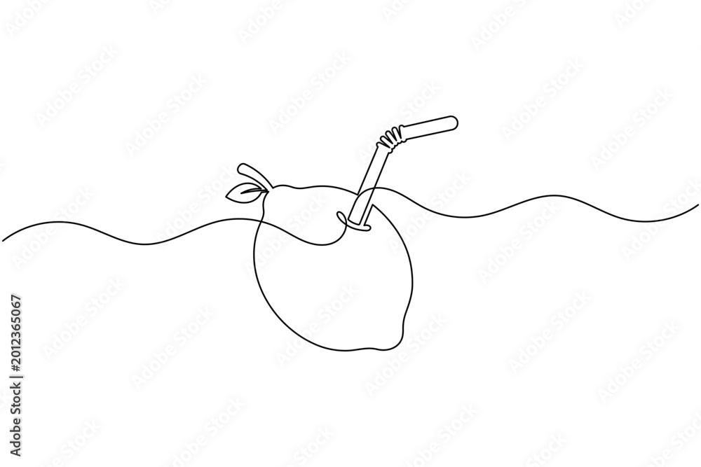 Obraz premium Lemon fruit with straw continuous one line drawing minimal citrus drink outline vector illustration
