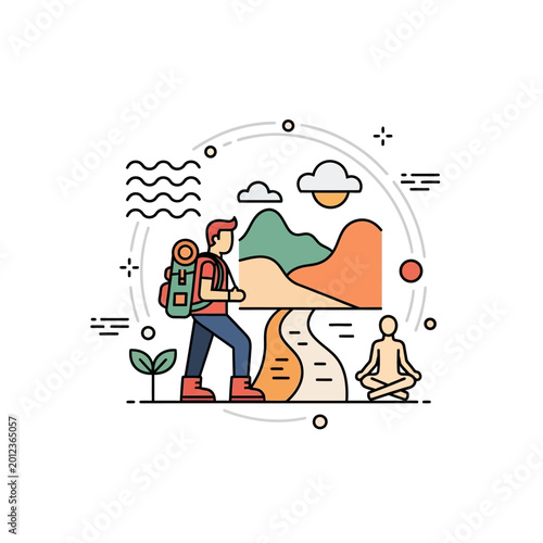 Man with backpack hiking on a scenic mountain path.