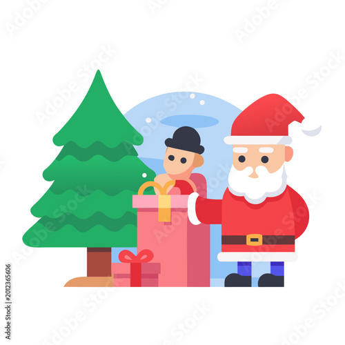 Santa Claus with child and gifts by Christmas tree