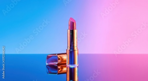 Vibrant pink lipstick with a reflective surface and gradient background