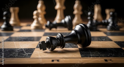 Fallen black king chess piece on wooden board