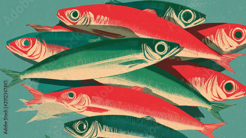 Artistic linocut illustration featuring a dense school of fish in vibrant red and teal colors, showcasing a vintage screen-print aesthetic with textured details on a muted blue background
