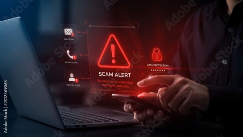 Digital scam alert and data protection concept. User holding smartphone with glowing red holographic interface warning about SMS, phone, and identity theft risks.