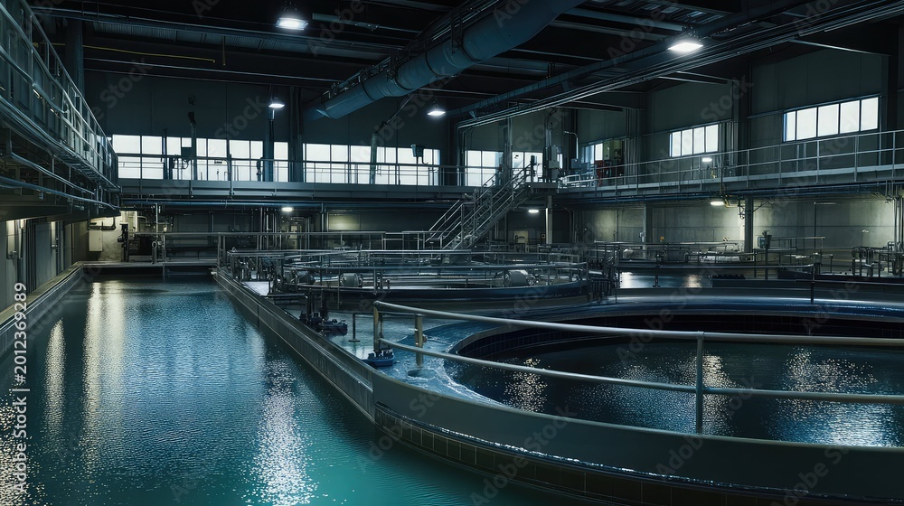 Fototapeta premium Water treatment plant purifying liquid inside industrial facility