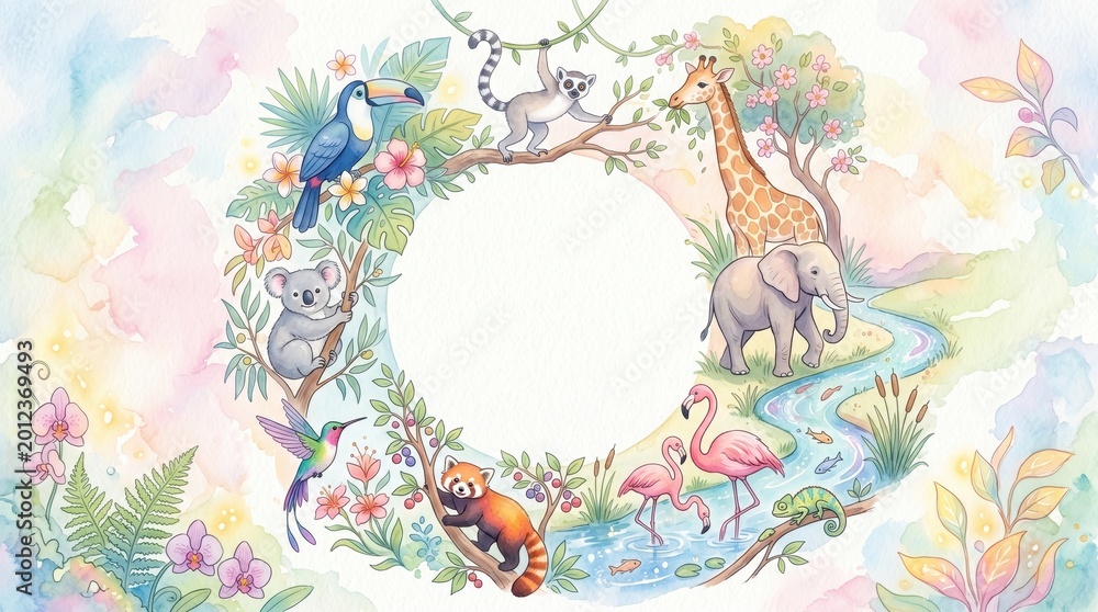 Fototapeta premium Watercolor illustration of various animals in a lush, pastel jungle around a blank space, daytime