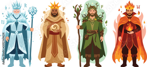 Cuadro en lienzo Elemental Kings Illustration Set Featuring Ice, Earth, Nature, and Fire Rulers w