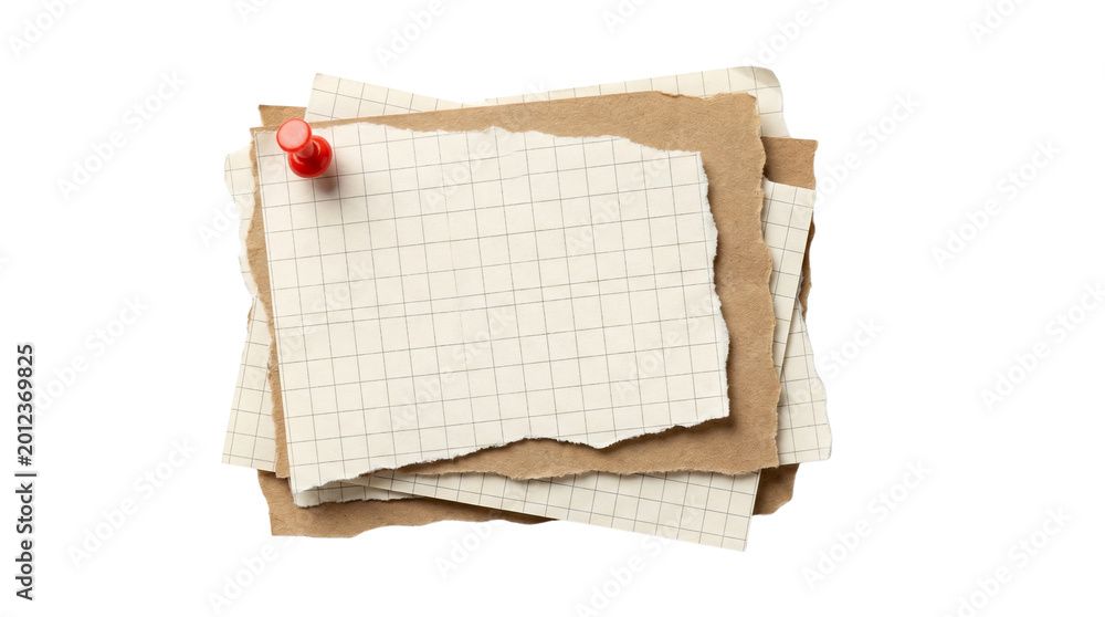 Fototapeta premium Torn paper scraps with pin isolated on transparent background png