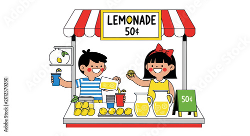 Photography Children selling lemonade at a stand, summer business, kids earning money