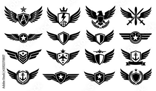 Winged military aviation emblem silhouettes – shield and badge vector collection