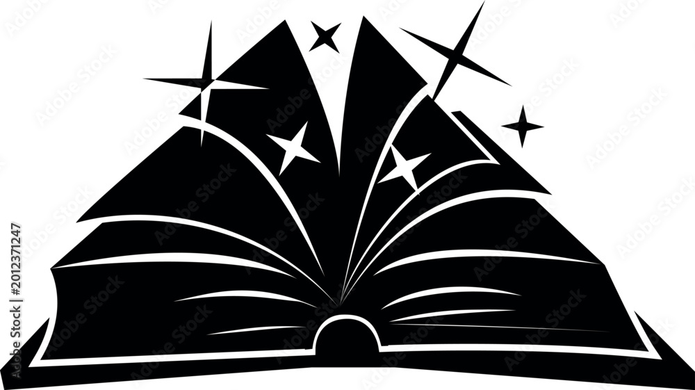 Naklejka premium A black silhouette of an open book with sparkling stars flying from its pages.
