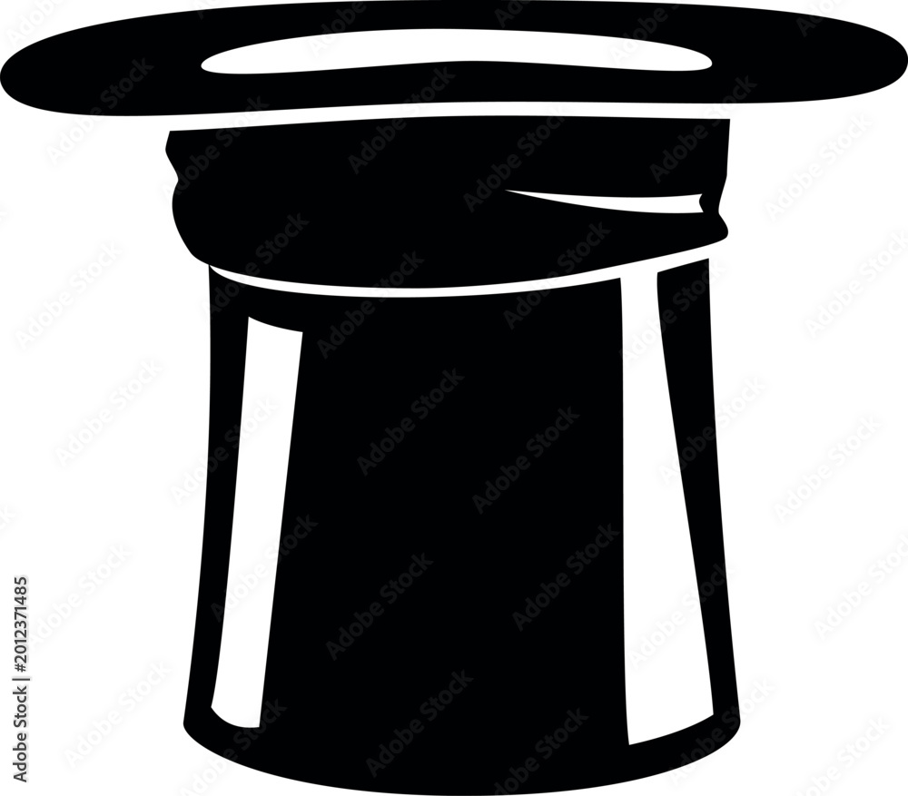 Naklejka premium Magic hat black and white vector silhouette, illusionist cylinder magic illusion stuff, magician focus trick accessory