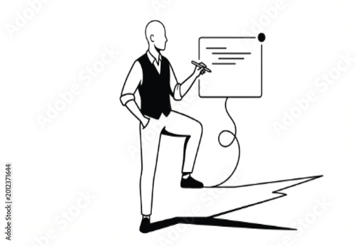 Businessman pointing at presentation, minimalist line art, office concept, vector illustration