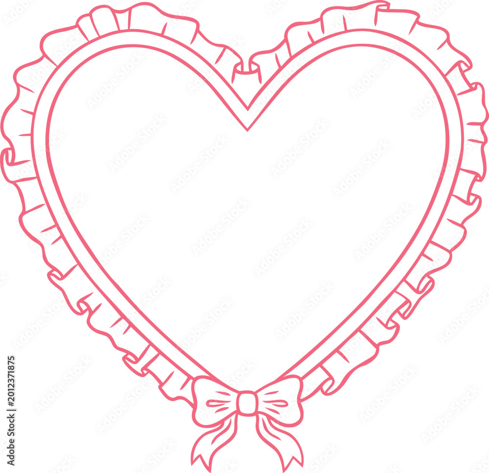 Fototapeta premium Pink doodle heart shape frame with bow and flounces vector line art, wavy ruffles ribbon coquette border girly love lace