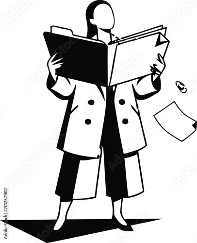 Businesswoman reading documents, office worker illustration, professional woman with papers, black and white vector