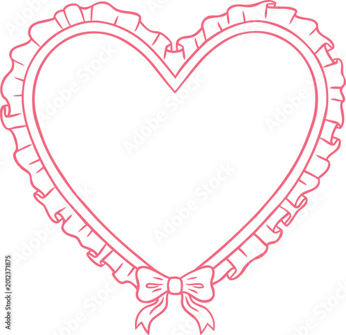 Pink doodle heart shape frame with bow and flounces vector line art, wavy ruffles ribbon coquette border girly love lace