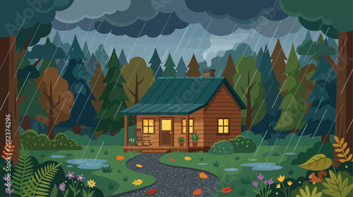 A charming wooden cabin nestled deep within a lush forest, illuminated by warm lights, as a gentle autumn rain falls, creating a tranquil and cozy retreat amidst the wild