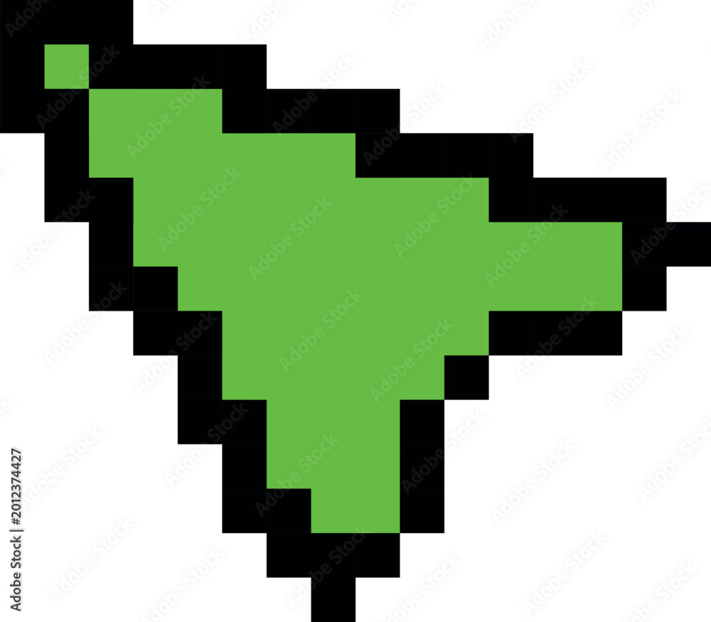 Obraz premium A bright green computer cursor icon with a black outline in pixel art style.