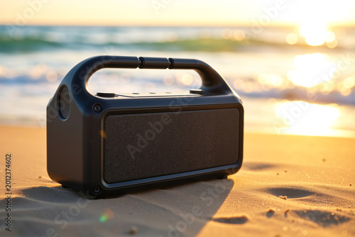 Portable black Bluetooth speaker on sandy beach at sunset. Wireless audio device near ocean. Summer vacation music concept