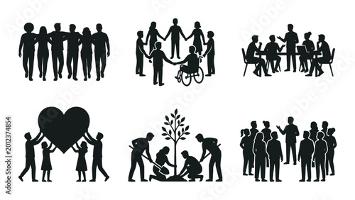 Community icon set silhouette, people group, social gathering, teamwork, charity, and diversity symbols, white background, vector Illustration