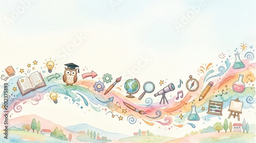 Owl in cap, books, lab gear, and art supplies flow on a colorful wave above hills