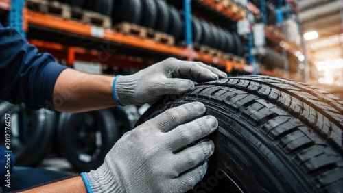 Close up hand of A technician is inspecting the quality of tires in a large.