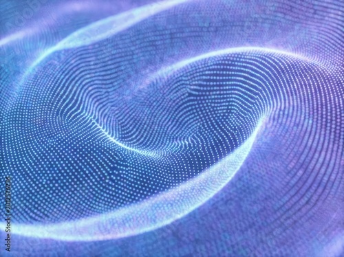 Dynamic abstract background of glowing digital particles creating a rippling wave pattern in mesmerizing blue and purple hues, ideal for futuristic technology concepts and data visualization