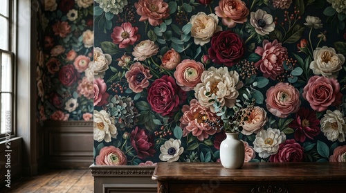 Vintage Floral Wallpaper with Roses and Anemones in a Dark, Moody Interior