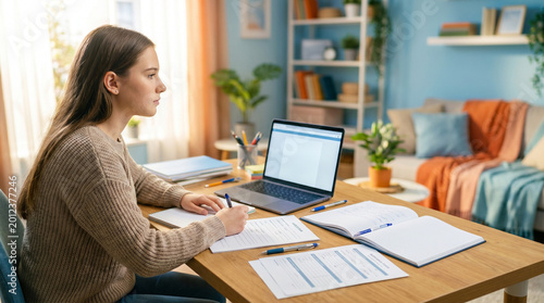Young woman diligently preparing college documents at home office desk with laptop, surrounded by papers and stationery, in bright cozy room with natural light