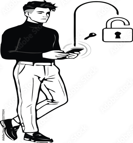 Secure mobile access, digital safety, man with smartphone and padlock, cybersecurity concept, vector illustration