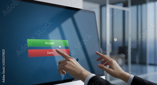 Person accepting or denying request on touch screen in office environment.