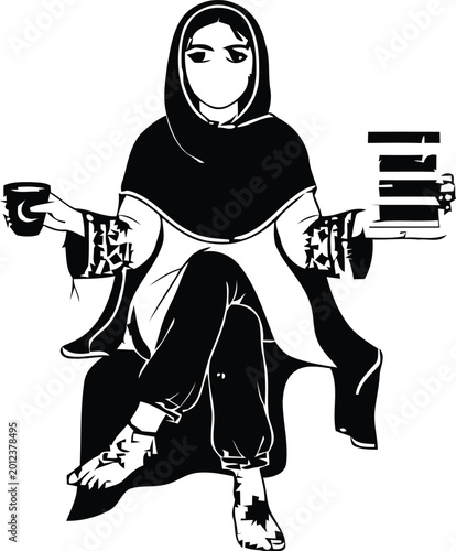 Vector illustration, woman in traditional clothing, sitting with cup and books, black and white