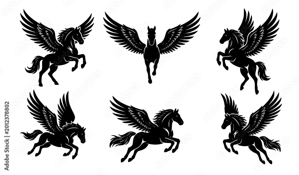 Fototapeta premium Pegasus silhouettes set vector flying winged horse fantasy logos