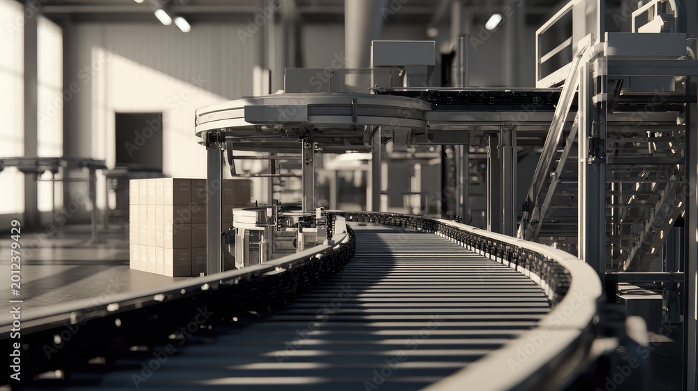 Obraz premium Automated conveyor belt system processing packages inside modern factory