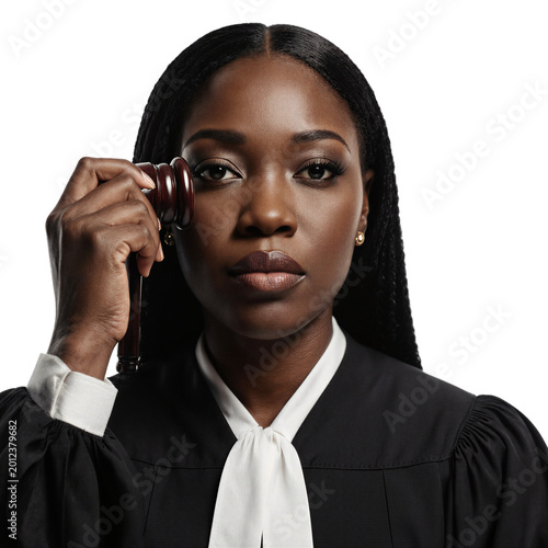 Judge justice law portrait of a serious black female judge holding a mallet on a transparent background for legal concepts