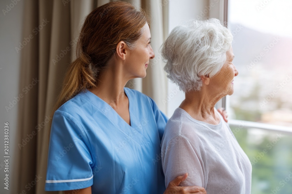 Fototapeta premium Caring nurse supporting elderly woman at window