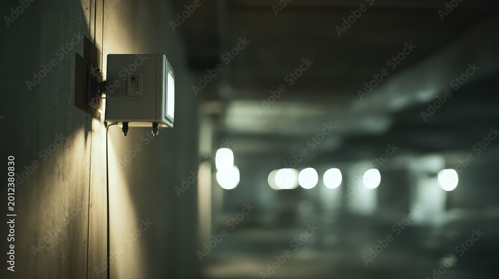 Naklejka premium Security motion sensor light illuminating dark basement
