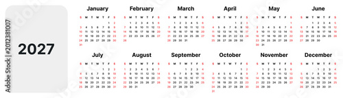 Quadro su tela Minimal 2027 calendar template with clean layout panels start wide modern simple planner design black red dates yearly overview printable schedule organizer corporate style isolated background design