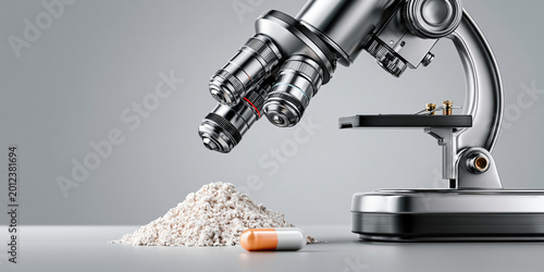 Pharmaceutical industry microscope powder pill research lab analysis emotional scene