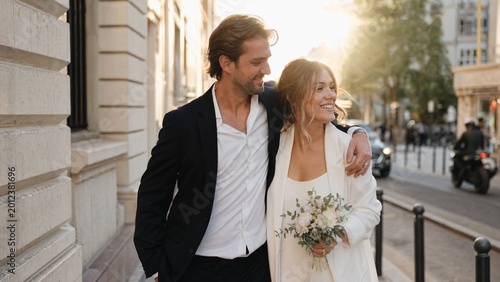 Couple walks together on a city street after their wedding ceremony, enjoying their time outdoors in the sunlight