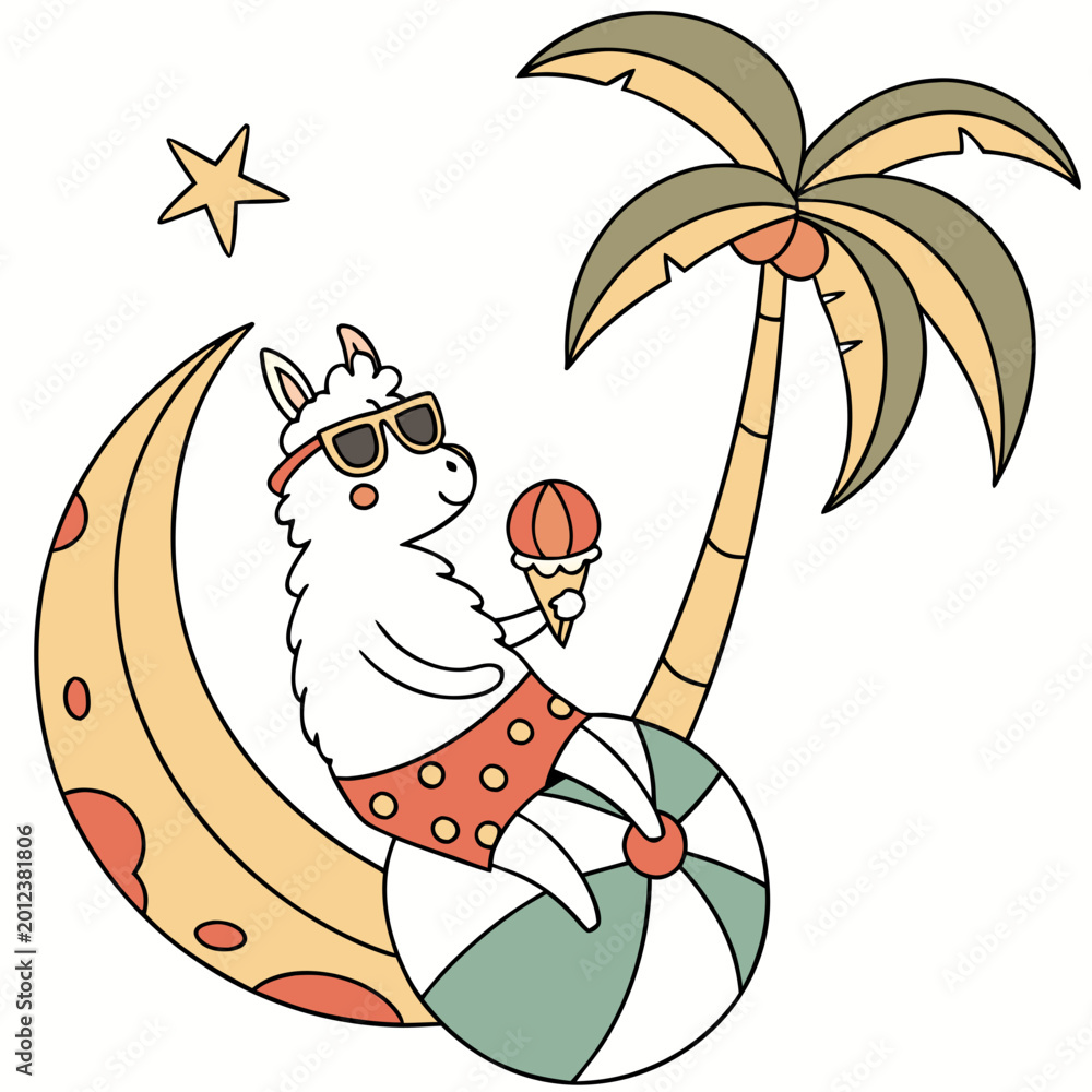 Fototapeta premium Creative SVG: Curious Alpaca with sitting on a moon in a Beach Bliss colored Summer Vacation theme