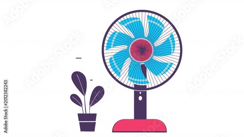 Floor fan with a houseplant. Fan animation, alpha channel. Cartoon
