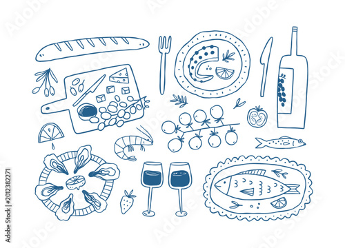 Hand drawn different mediterranean food set