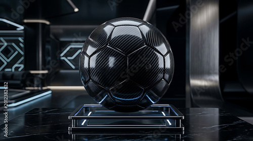 Futuristic Carbon Fiber Soccer Ball on High-Tech Display Stand in Modern Digital Interior